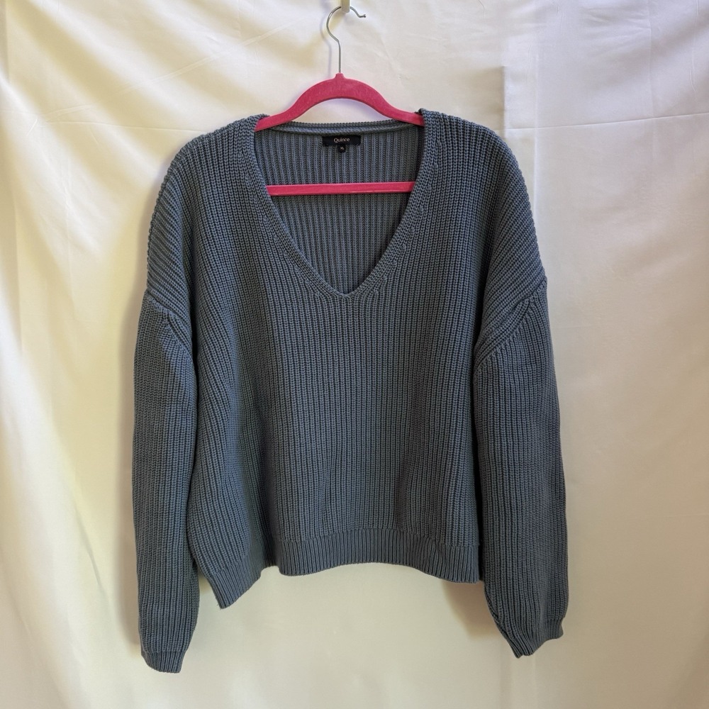 Quince 100% Organic Cotton Fisherman V-Neck Sweater-Glacier Blue Size XL